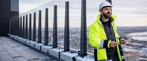 Building-worker-outside-holding-digital-tablet